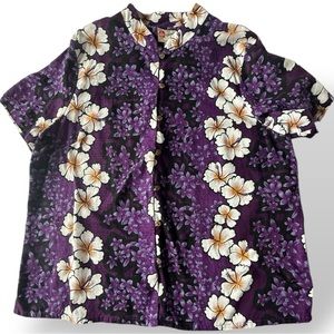 Hilo Hattie Hawaii Hawaiian Barkcloth Wooden Button Front Top 2X Mandarin Collar